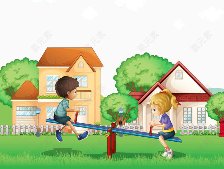 孩子在草地上玩跷跷板