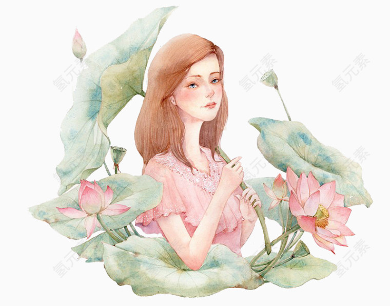 荷花与美女水彩画