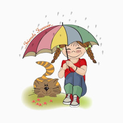 卡通伞下的女孩猫