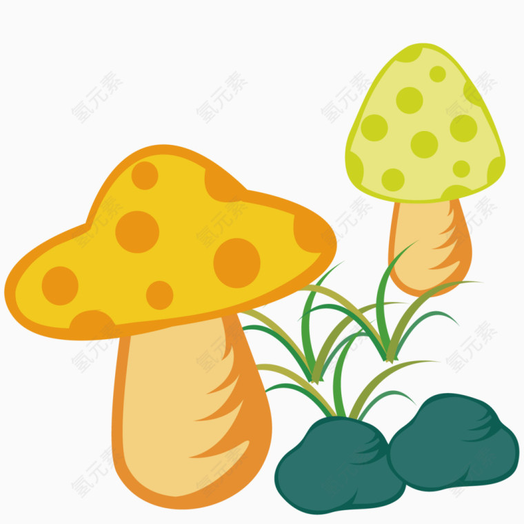 矢量黄色蘑菇石头小草