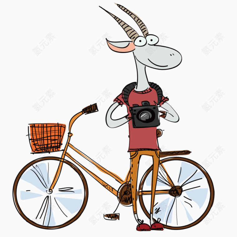拿着照相机的卡通山羊与自行车