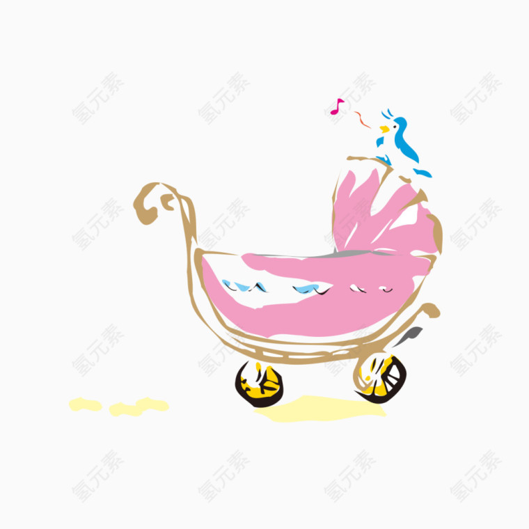 粉色手绘卡通婴儿车