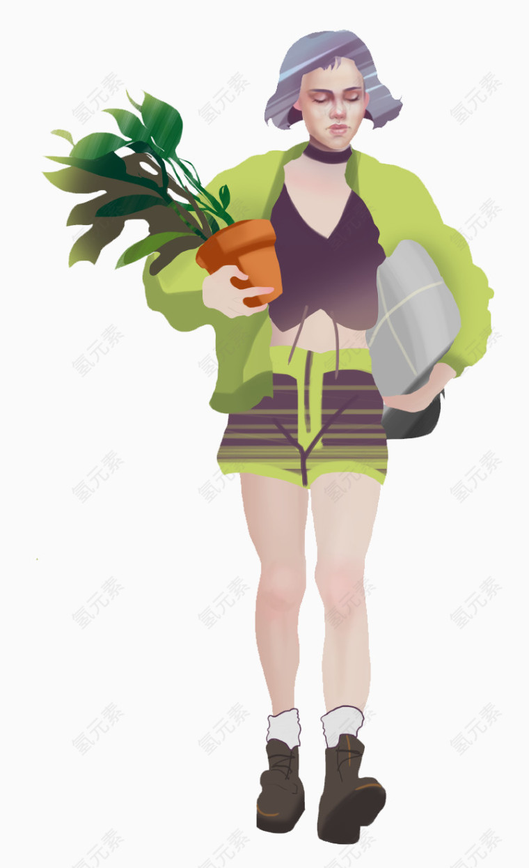 手绘抱着花盆植物的女人