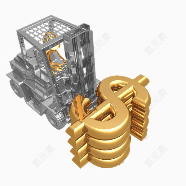 3D铲车与黄金货币符号
