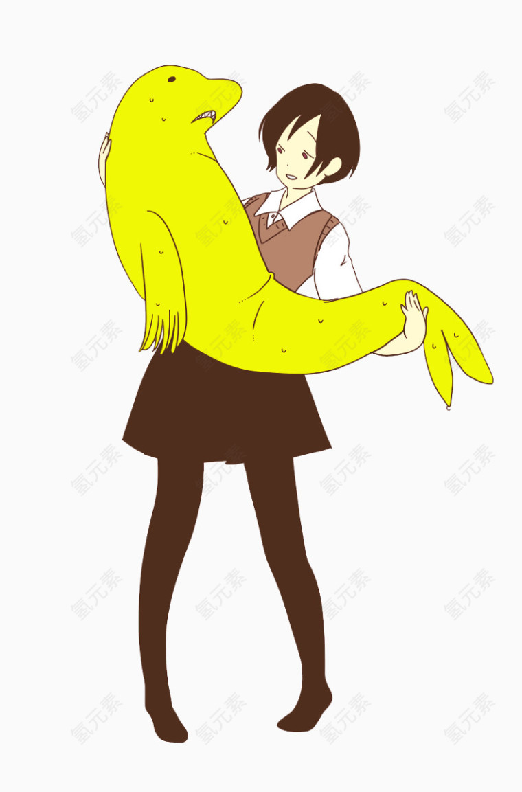 抱着黄色鱼的短发女孩
