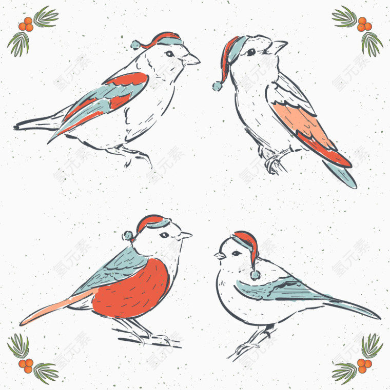 四只手绘冬季小鸟