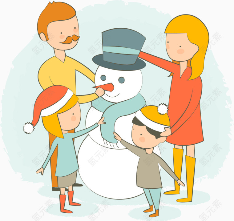 围着雪人的一家人