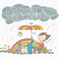 坐在彩虹上打着伞为楼房遮雨的女