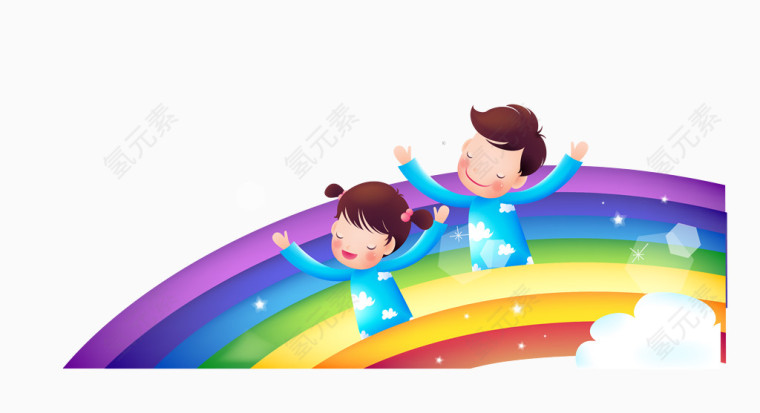 卡通矢量坐彩虹上的孩子