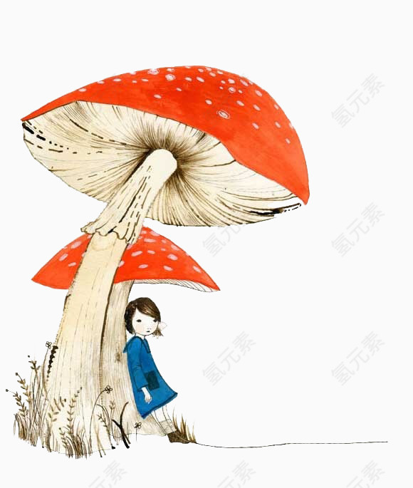 背靠大蘑菇的少女