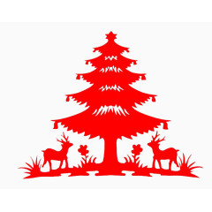 红色圣诞树小鹿剪纸