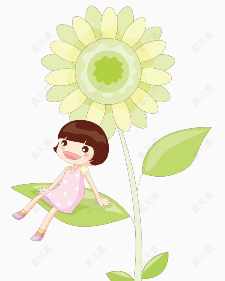 女孩坐在花朵的叶子上