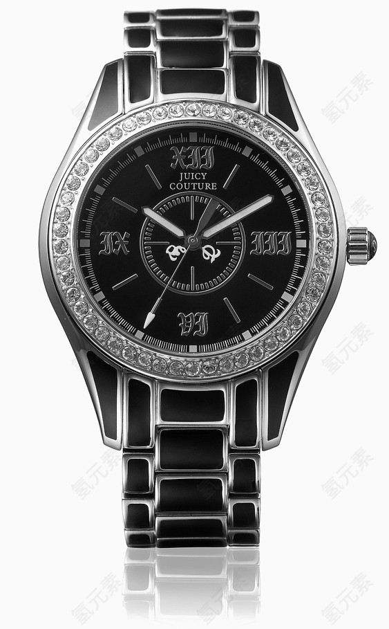 黑色ip电镀表链水晶黑色表盘手表