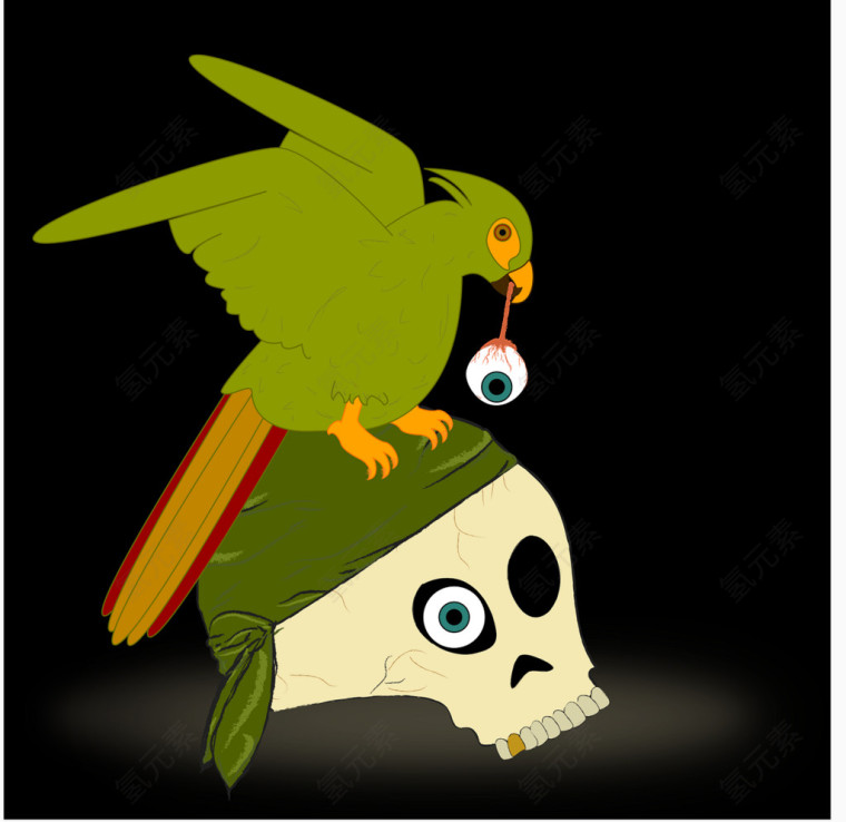 鹦鹉叼着海盗头骨的眼睛矢量图
