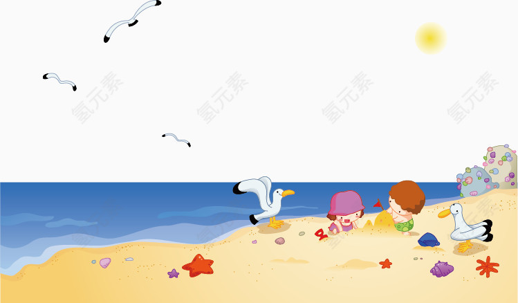 在海边玩沙子的小朋友