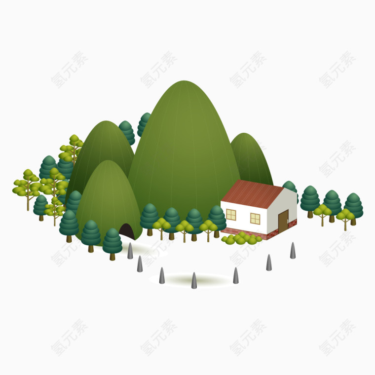 绿色大山树和房子