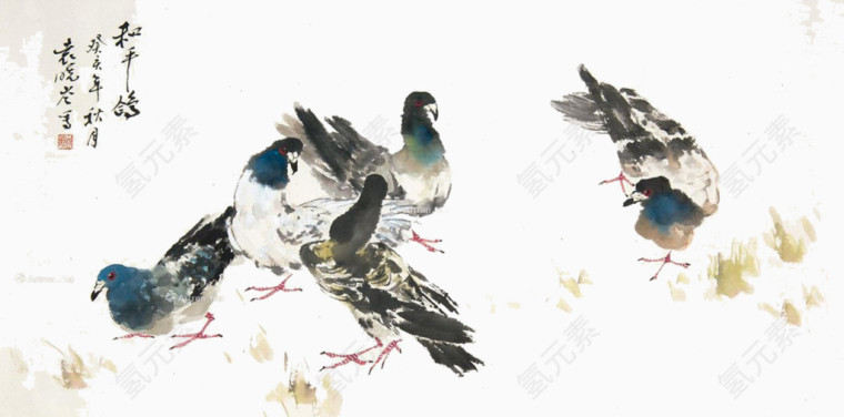 水墨中国画和平鸽