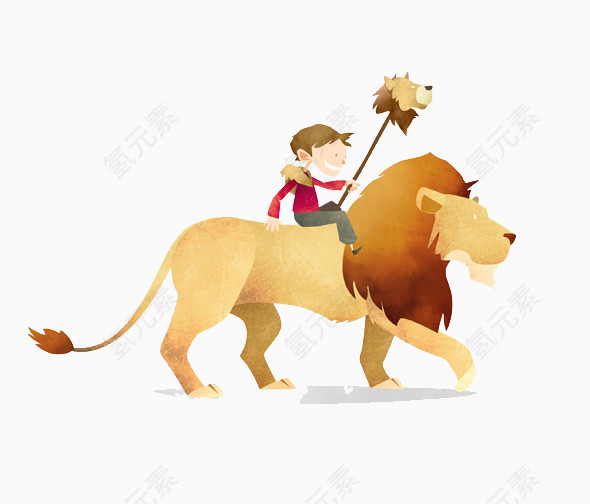 骑在狮子身上的男孩