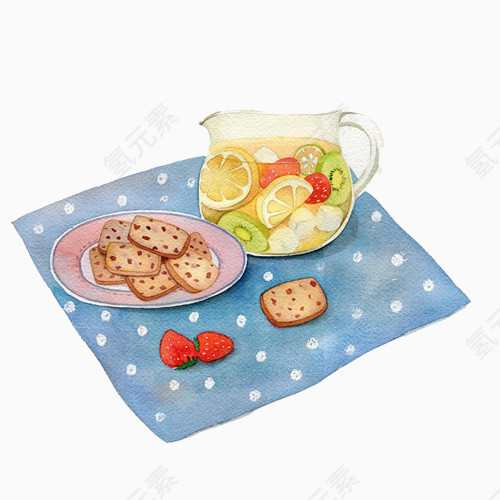 水果罐头和小饼干手绘画素材图片