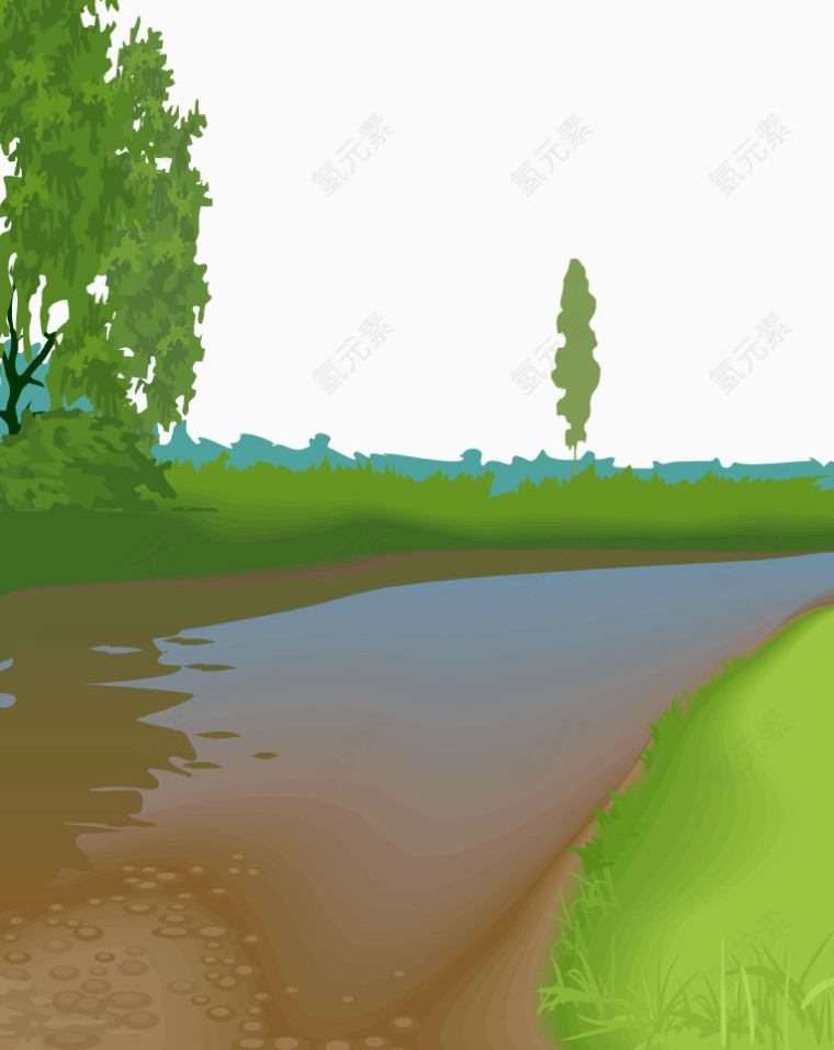 卡通手绘精致草地河流风景
