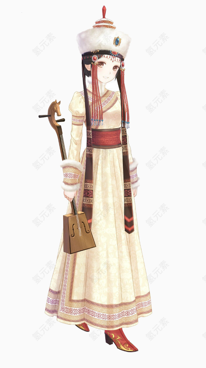 蒙古美女拿着马头琴手绘