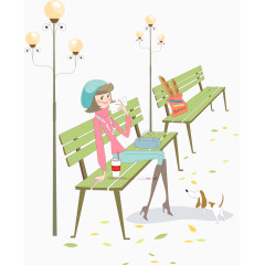 卡通女人在公园长椅上