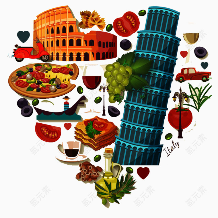 意大利美食建筑组成的爱心元素