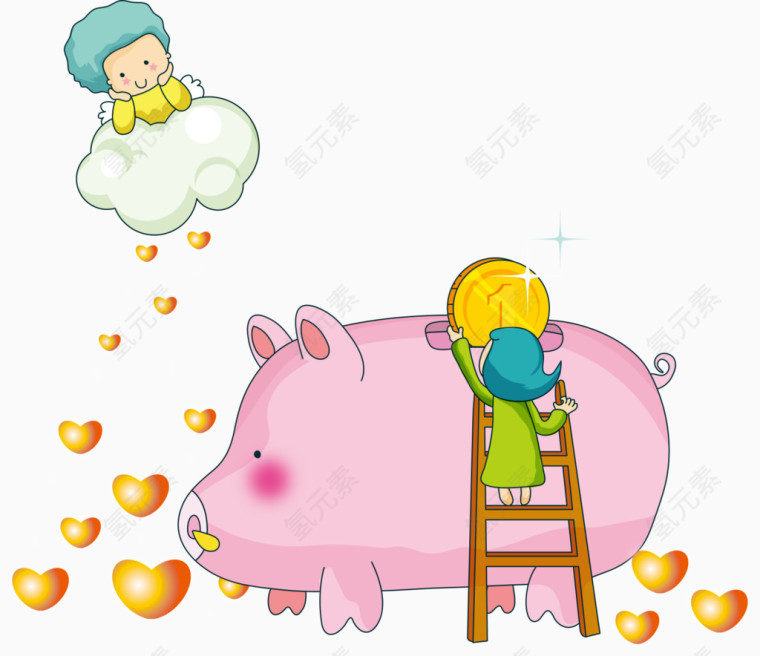 矢量粉色小猪与人物插画