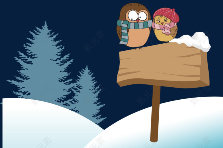 矢量手绘雪地里插着一块木板上面落着两只小鸟