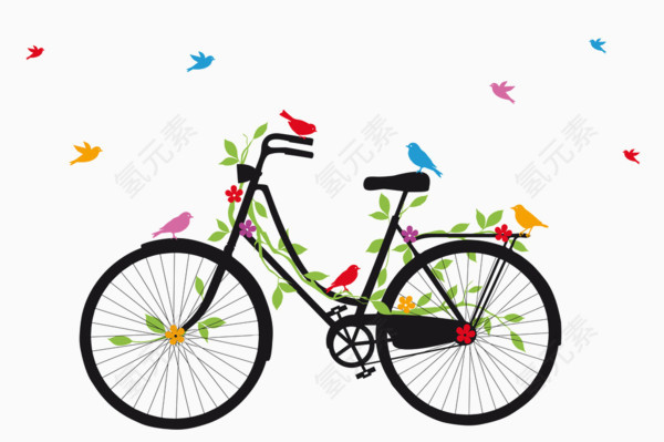 黑色自行车和彩色小鸟