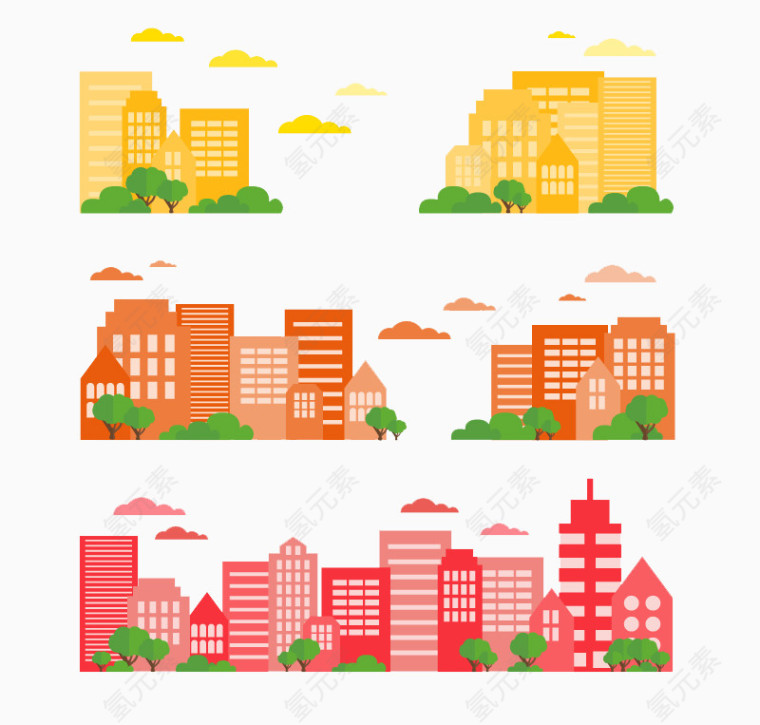 3款彩色城市楼群矢量素材