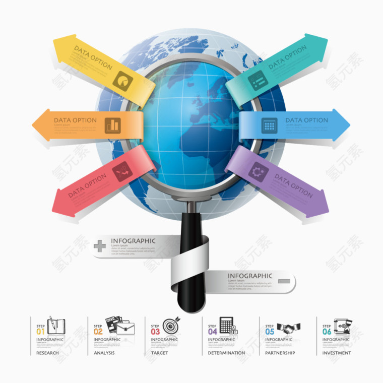 矢量放大镜地球和箭头