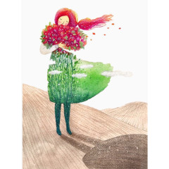 头发飞舞抱着花的女孩