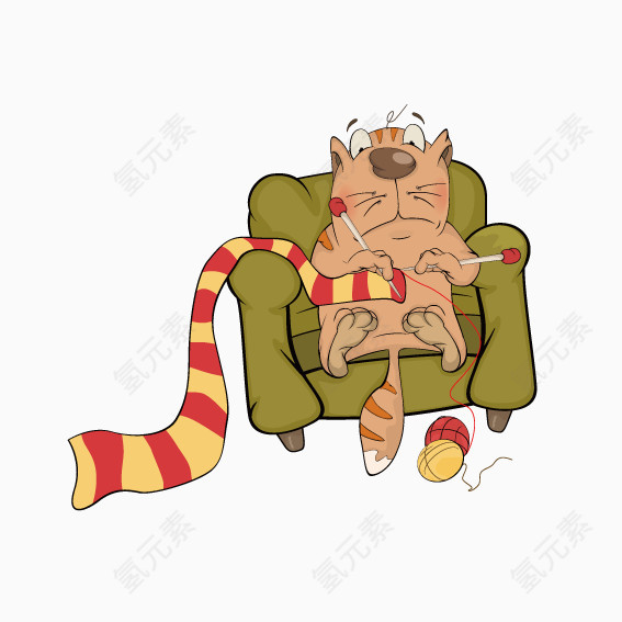 坐在沙发上织围巾的猫