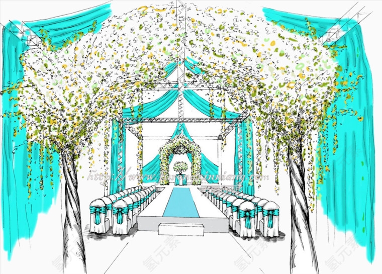 蓝绿色手绘婚礼现场