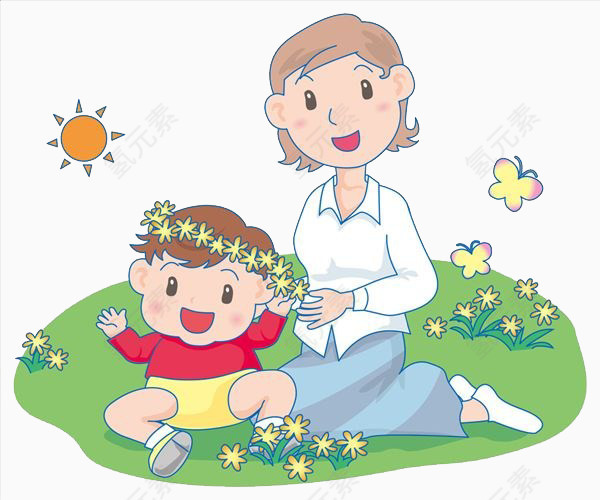 妈妈和宝宝坐在草坪上