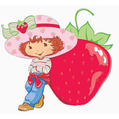 靠在大草莓旁边的可爱小女孩