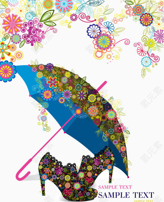蓝色花纹雨伞矢量素材