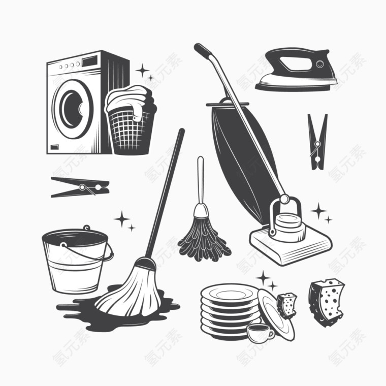 黑白风格家庭清洁工具矢量素材