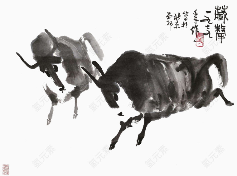 装饰牛免抠水墨画