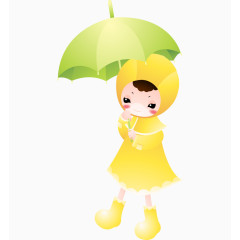 卡通手绘穿雨衣打着雨伞小女孩