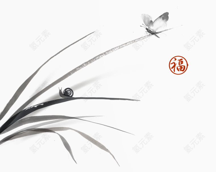 中国风水墨君子兰蝴蝶蜗牛