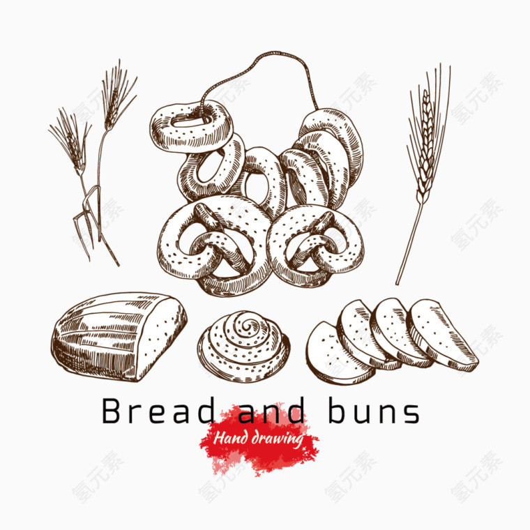 矢量手绘面包圈和麦穗