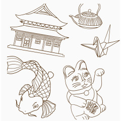 线描日式建筑动物