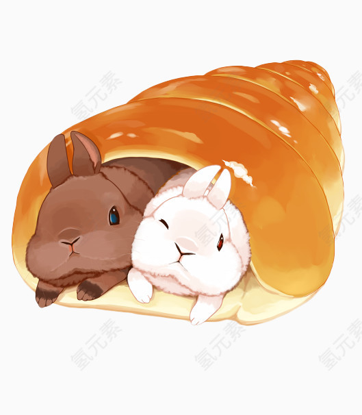 手绘面包中的两只小兔子