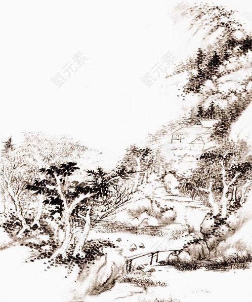 黑白山林水墨画