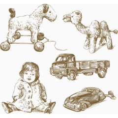 矢量手绘汽车和娃娃