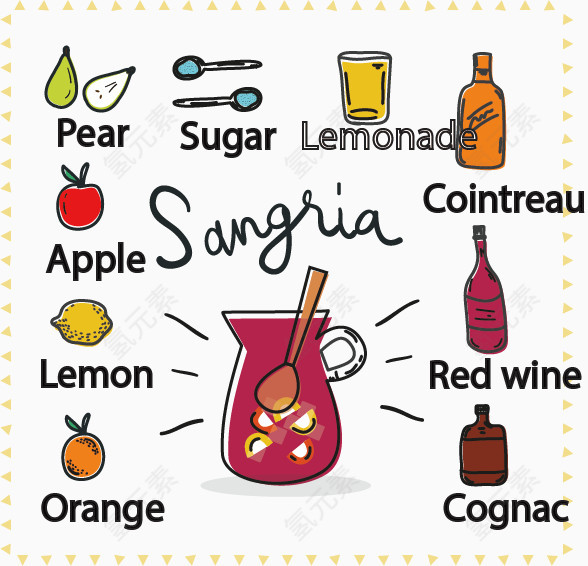 矢量手绘西班牙桑格利亚水果酒