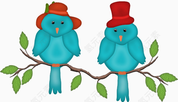 枝头两只青色戴帽子的小鸟