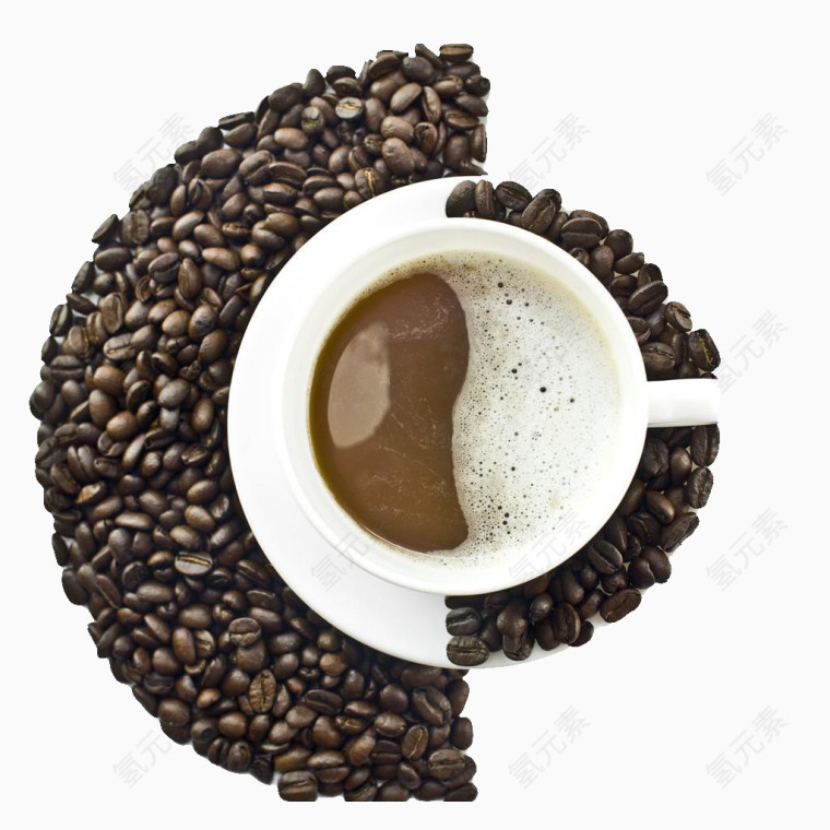 咖啡豆和咖啡杯组成的太极图形
